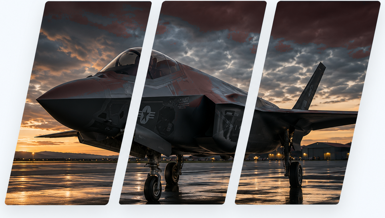 Military jet on a reflective runway split across three angled panels